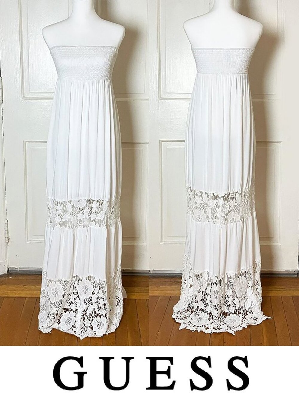 Guess Long White Maxi Dress | Embroidery | Smocked Tube | Size S | EUC